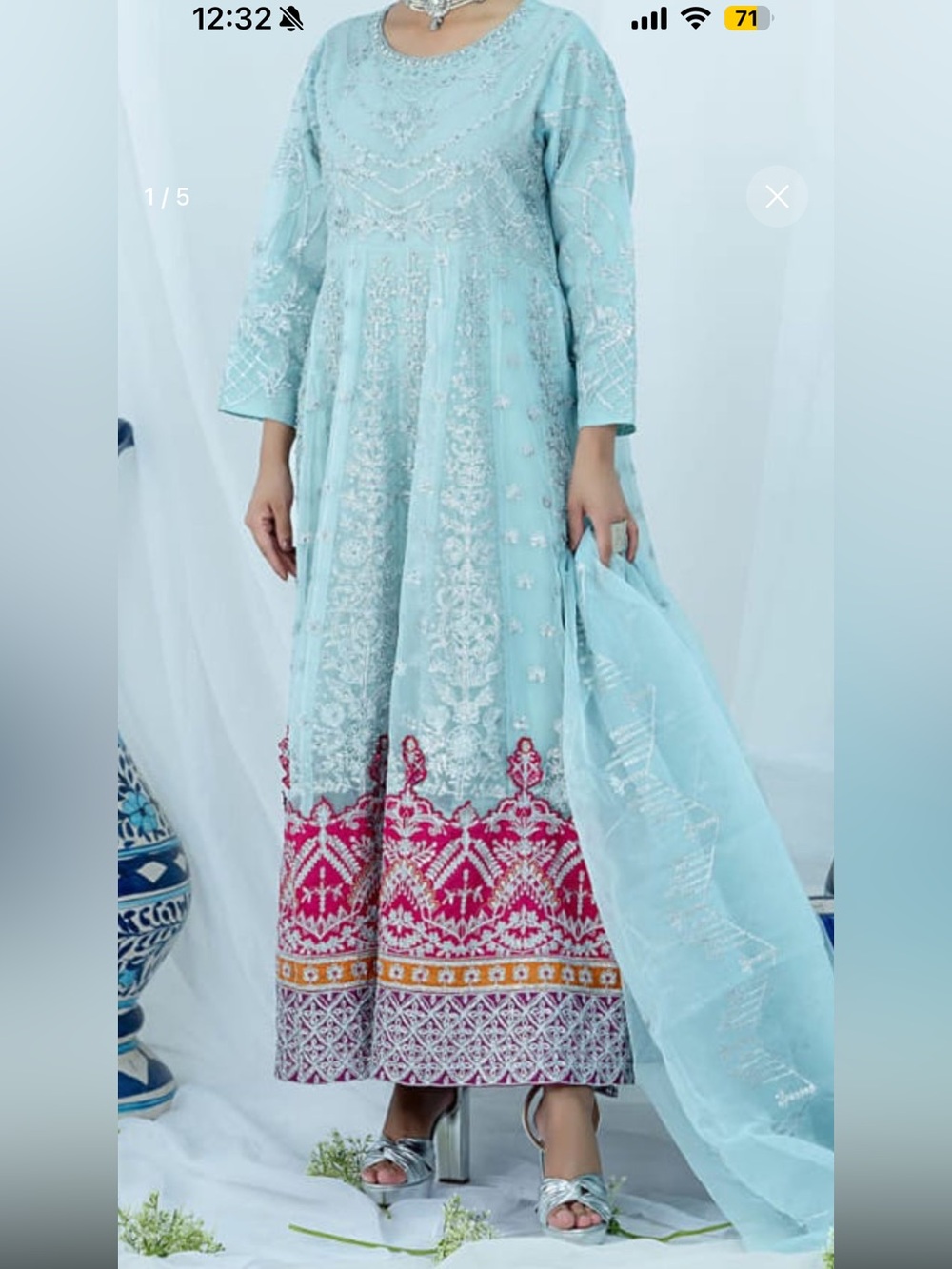 Ice Blue Maxi Dress with Pink & Gold Border